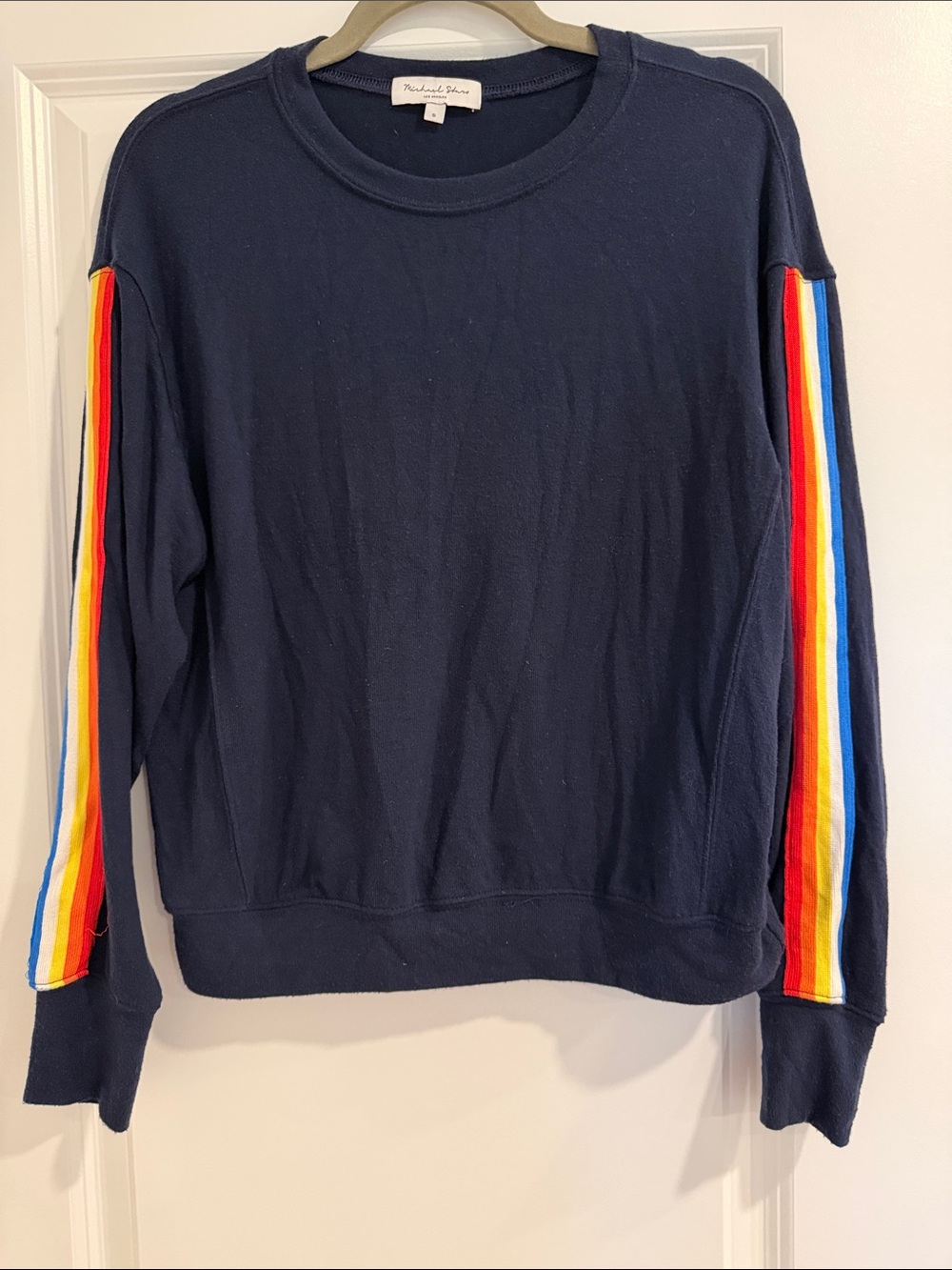 Michael Stars Navy Crewneck Sweater with Rainbow Sleeve Stripes